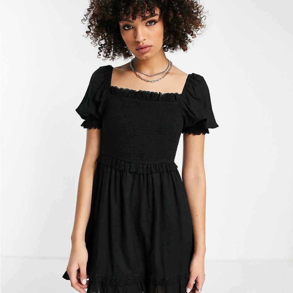 Topshop shirring eyelet broderie trim mini dress black size 12